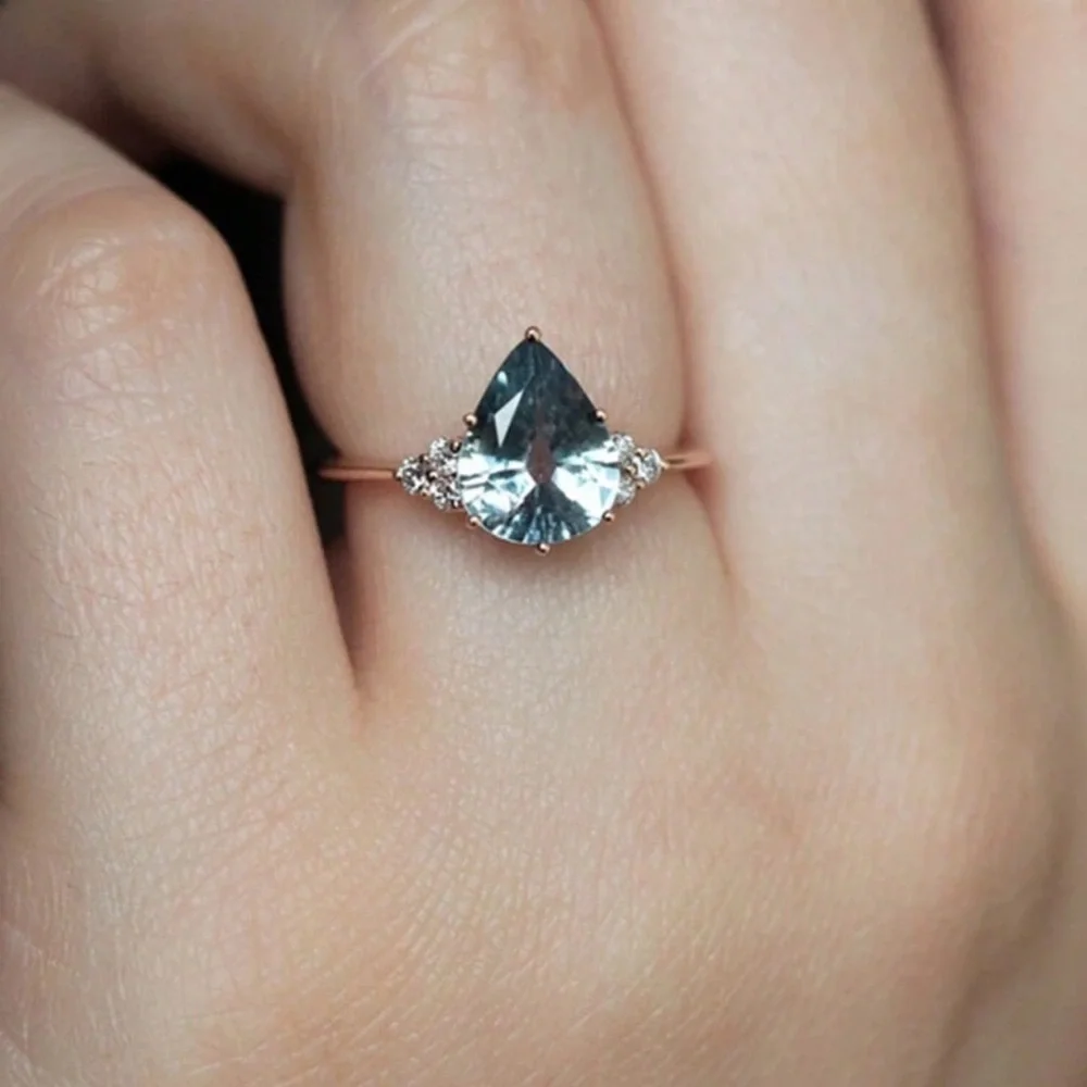 Elegant Rose Gold Plated and Blue Pear Gemstone Fairycore Ring - Picture 2 of 9